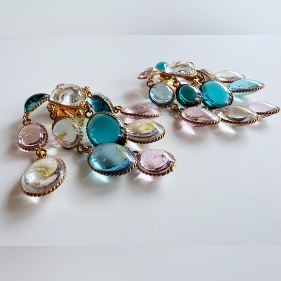 Vintage French Gripoix Poured Glass Chandelier Earrings Pink Blue Gold Leaf Foil - Picture 16 of 16